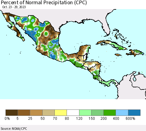 Mexico Central America and the Caribbean Percent of Normal Precipitation (CPC) Thematic Map For 10/23/2023 - 10/29/2023