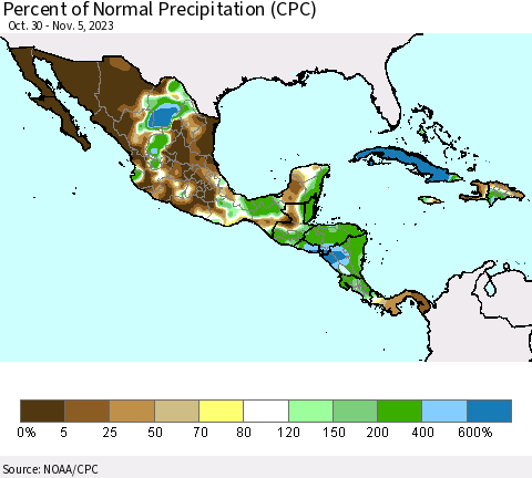 Mexico Central America and the Caribbean Percent of Normal Precipitation (CPC) Thematic Map For 10/30/2023 - 11/5/2023