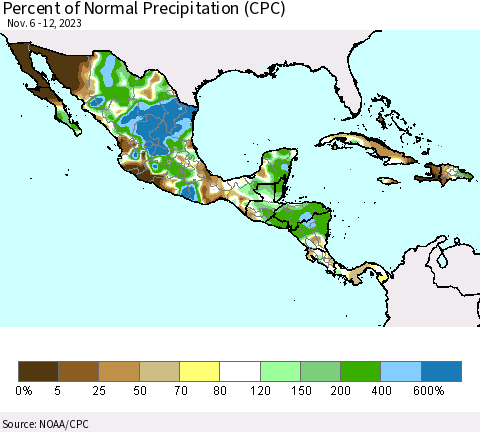 Mexico Central America and the Caribbean Percent of Normal Precipitation (CPC) Thematic Map For 11/6/2023 - 11/12/2023