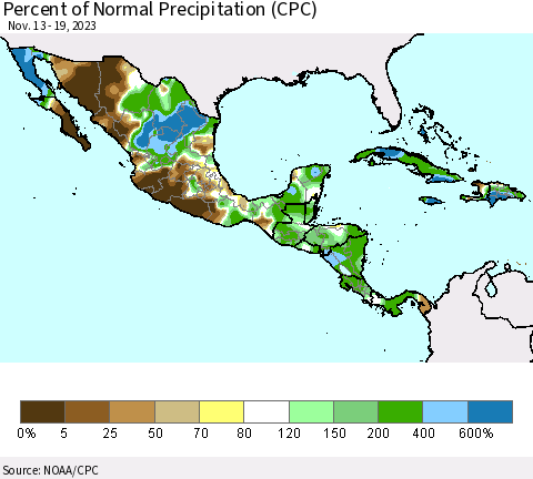 Mexico Central America and the Caribbean Percent of Normal Precipitation (CPC) Thematic Map For 11/13/2023 - 11/19/2023