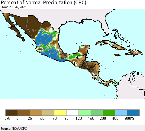 Mexico Central America and the Caribbean Percent of Normal Precipitation (CPC) Thematic Map For 11/20/2023 - 11/26/2023