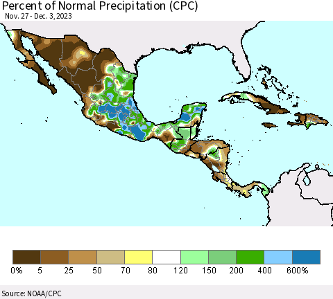 Mexico Central America and the Caribbean Percent of Normal Precipitation (CPC) Thematic Map For 11/27/2023 - 12/3/2023