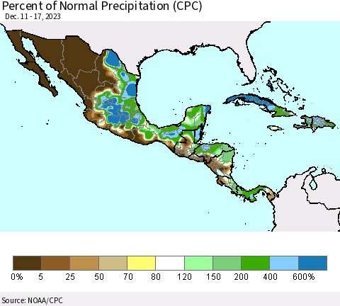 Mexico Central America and the Caribbean Percent of Normal Precipitation (CPC) Thematic Map For 12/11/2023 - 12/17/2023