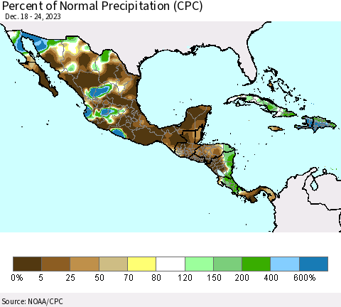 Mexico Central America and the Caribbean Percent of Normal Precipitation (CPC) Thematic Map For 12/18/2023 - 12/24/2023