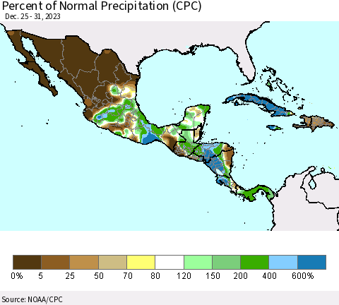 Mexico Central America and the Caribbean Percent of Normal Precipitation (CPC) Thematic Map For 12/25/2023 - 12/31/2023