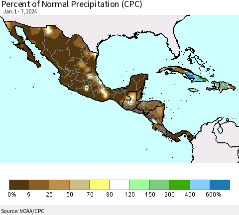 Mexico Central America and the Caribbean Percent of Normal Precipitation (CPC) Thematic Map For 1/1/2024 - 1/7/2024