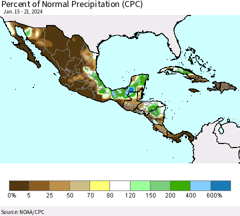 Mexico Central America and the Caribbean Percent of Normal Precipitation (CPC) Thematic Map For 1/15/2024 - 1/21/2024