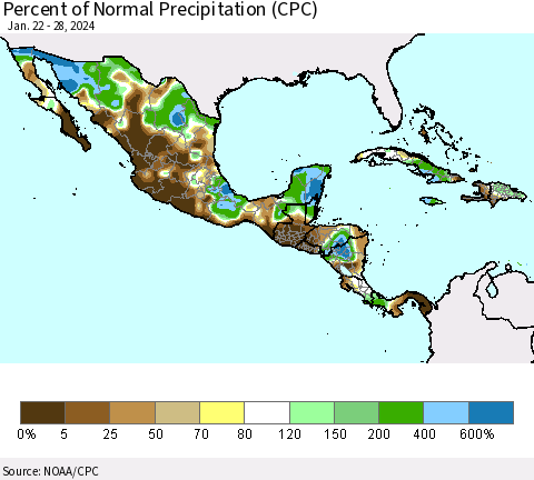 Mexico Central America and the Caribbean Percent of Normal Precipitation (CPC) Thematic Map For 1/22/2024 - 1/28/2024