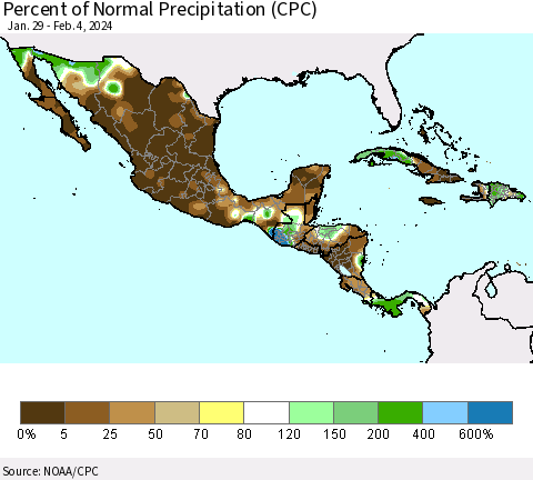 Mexico Central America and the Caribbean Percent of Normal Precipitation (CPC) Thematic Map For 1/29/2024 - 2/4/2024