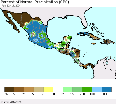 Mexico Central America and the Caribbean Percent of Normal Precipitation (CPC) Thematic Map For 2/12/2024 - 2/18/2024