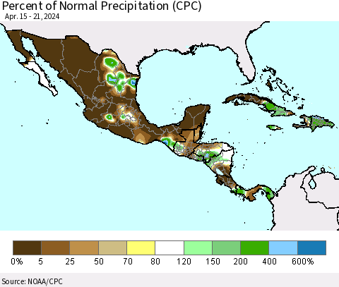 Mexico Central America and the Caribbean Percent of Normal Precipitation (CPC) Thematic Map For 4/15/2024 - 4/21/2024