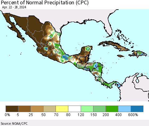 Mexico Central America and the Caribbean Percent of Normal Precipitation (CPC) Thematic Map For 4/22/2024 - 4/28/2024