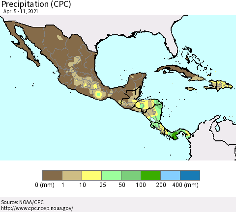 Mexico Central America and the Caribbean Precipitation (CPC) Thematic Map For 4/5/2021 - 4/11/2021