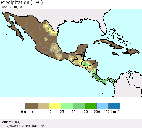 Mexico Central America and the Caribbean Precipitation (CPC) Thematic Map For 4/12/2021 - 4/18/2021