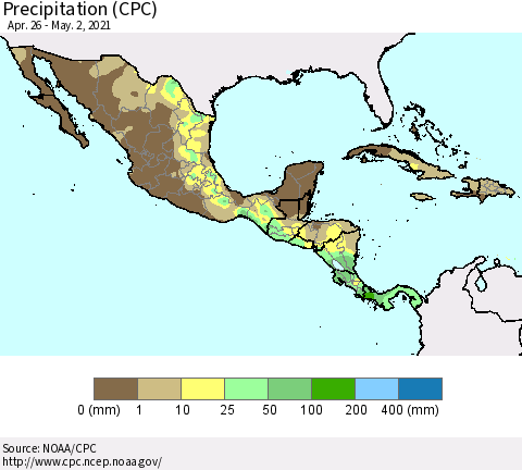 Mexico Central America and the Caribbean Precipitation (CPC) Thematic Map For 4/26/2021 - 5/2/2021