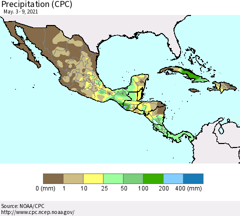 Mexico Central America and the Caribbean Precipitation (CPC) Thematic Map For 5/3/2021 - 5/9/2021