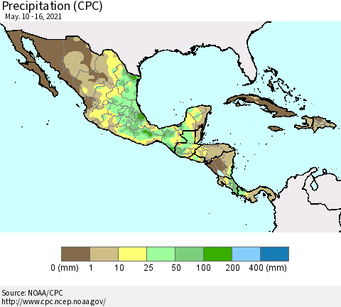 Mexico Central America and the Caribbean Precipitation (CPC) Thematic Map For 5/10/2021 - 5/16/2021