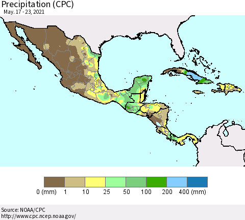Mexico Central America and the Caribbean Precipitation (CPC) Thematic Map For 5/17/2021 - 5/23/2021