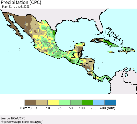 Mexico Central America and the Caribbean Precipitation (CPC) Thematic Map For 5/31/2021 - 6/6/2021