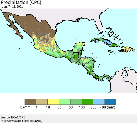Mexico Central America and the Caribbean Precipitation (CPC) Thematic Map For 6/7/2021 - 6/13/2021