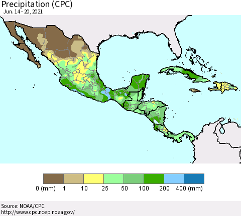 Mexico Central America and the Caribbean Precipitation (CPC) Thematic Map For 6/14/2021 - 6/20/2021
