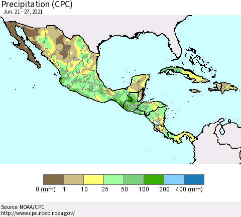 Mexico Central America and the Caribbean Precipitation (CPC) Thematic Map For 6/21/2021 - 6/27/2021