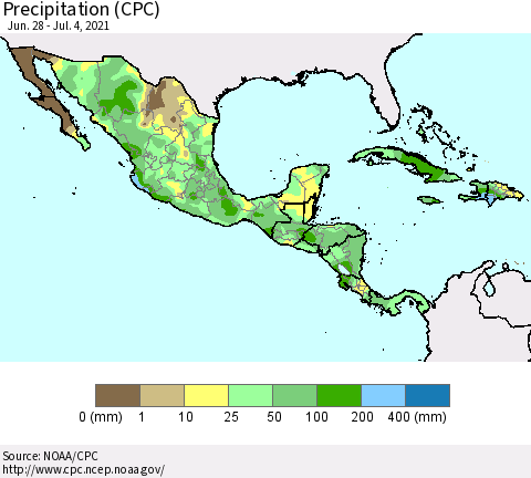 Mexico Central America and the Caribbean Precipitation (CPC) Thematic Map For 6/28/2021 - 7/4/2021