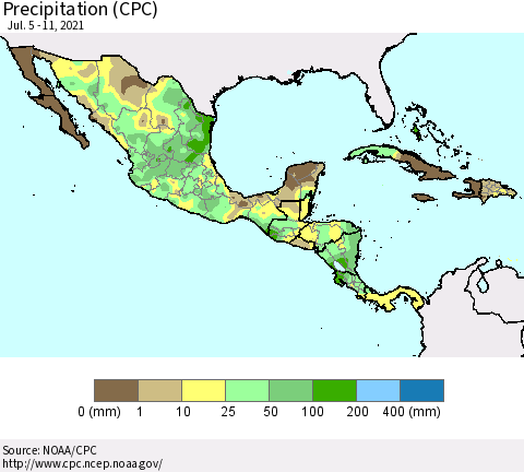 Mexico Central America and the Caribbean Precipitation (CPC) Thematic Map For 7/5/2021 - 7/11/2021