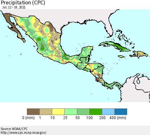 Mexico Central America and the Caribbean Precipitation (CPC) Thematic Map For 7/12/2021 - 7/18/2021