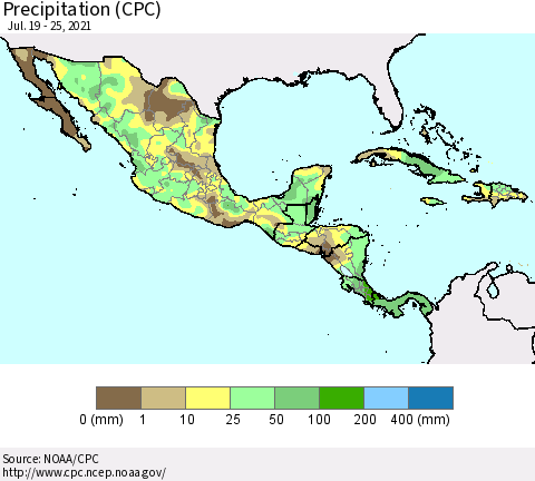 Mexico Central America and the Caribbean Precipitation (CPC) Thematic Map For 7/19/2021 - 7/25/2021