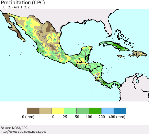 Mexico Central America and the Caribbean Precipitation (CPC) Thematic Map For 7/26/2021 - 8/1/2021