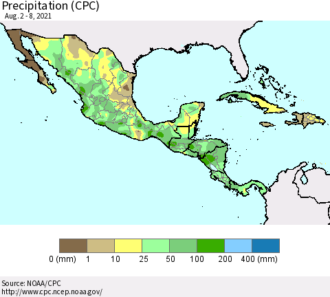 Mexico Central America and the Caribbean Precipitation (CPC) Thematic Map For 8/2/2021 - 8/8/2021