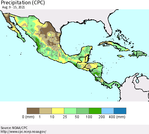 Mexico Central America and the Caribbean Precipitation (CPC) Thematic Map For 8/9/2021 - 8/15/2021