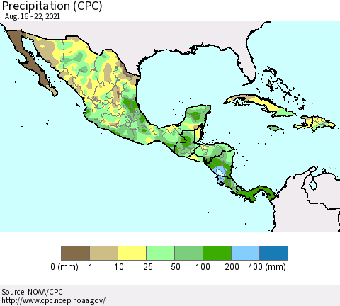 Mexico Central America and the Caribbean Precipitation (CPC) Thematic Map For 8/16/2021 - 8/22/2021