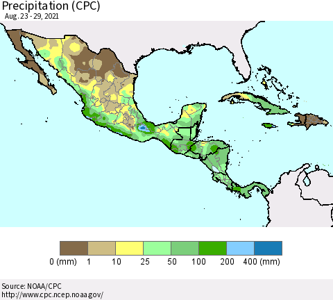Mexico Central America and the Caribbean Precipitation (CPC) Thematic Map For 8/23/2021 - 8/29/2021