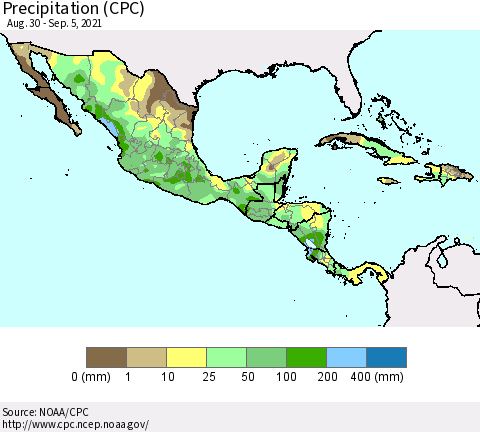 Mexico Central America and the Caribbean Precipitation (CPC) Thematic Map For 8/30/2021 - 9/5/2021