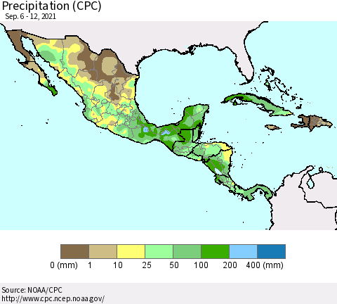 Mexico Central America and the Caribbean Precipitation (CPC) Thematic Map For 9/6/2021 - 9/12/2021