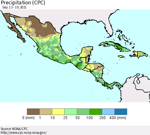 Mexico Central America and the Caribbean Precipitation (CPC) Thematic Map For 9/13/2021 - 9/19/2021