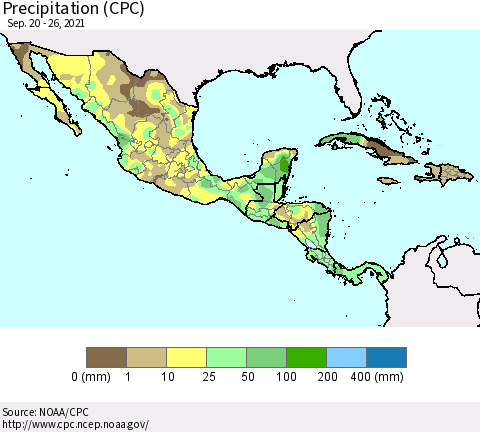 Mexico Central America and the Caribbean Precipitation (CPC) Thematic Map For 9/20/2021 - 9/26/2021