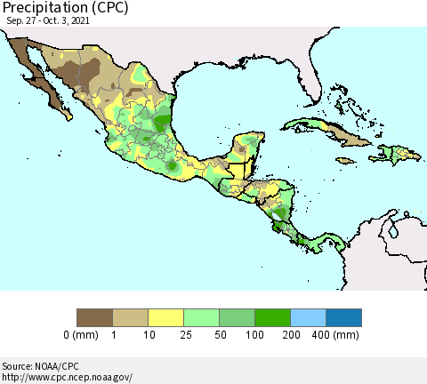 Mexico Central America and the Caribbean Precipitation (CPC) Thematic Map For 9/27/2021 - 10/3/2021