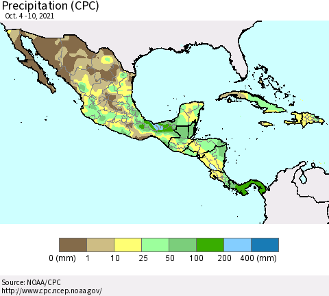 Mexico Central America and the Caribbean Precipitation (CPC) Thematic Map For 10/4/2021 - 10/10/2021
