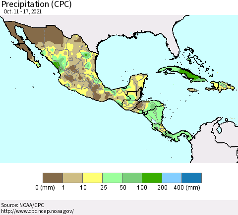 Mexico Central America and the Caribbean Precipitation (CPC) Thematic Map For 10/11/2021 - 10/17/2021