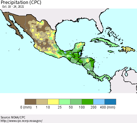 Mexico Central America and the Caribbean Precipitation (CPC) Thematic Map For 10/18/2021 - 10/24/2021