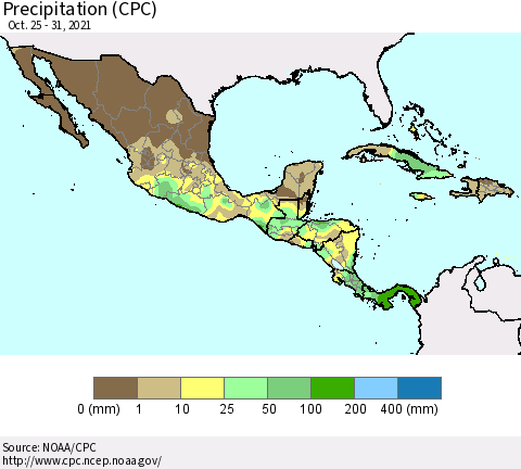 Mexico Central America and the Caribbean Precipitation (CPC) Thematic Map For 10/25/2021 - 10/31/2021