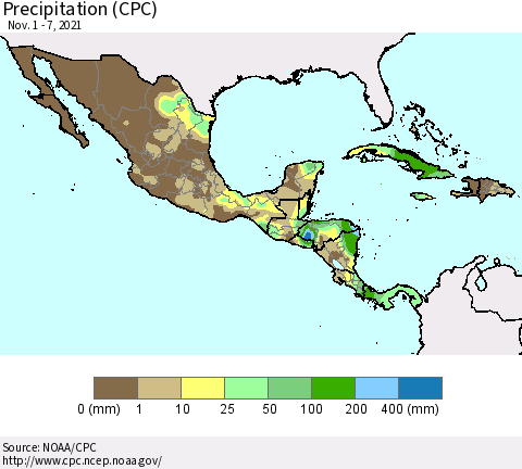 Mexico Central America and the Caribbean Precipitation (CPC) Thematic Map For 11/1/2021 - 11/7/2021