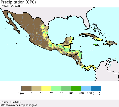 Mexico Central America and the Caribbean Precipitation (CPC) Thematic Map For 11/8/2021 - 11/14/2021