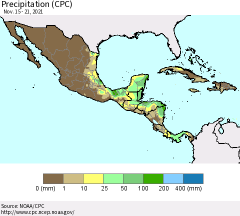 Mexico Central America and the Caribbean Precipitation (CPC) Thematic Map For 11/15/2021 - 11/21/2021