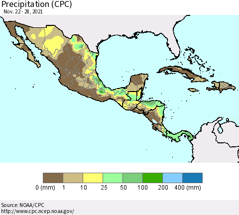 Mexico Central America and the Caribbean Precipitation (CPC) Thematic Map For 11/22/2021 - 11/28/2021