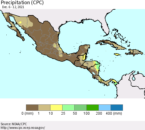 Mexico Central America and the Caribbean Precipitation (CPC) Thematic Map For 12/6/2021 - 12/12/2021