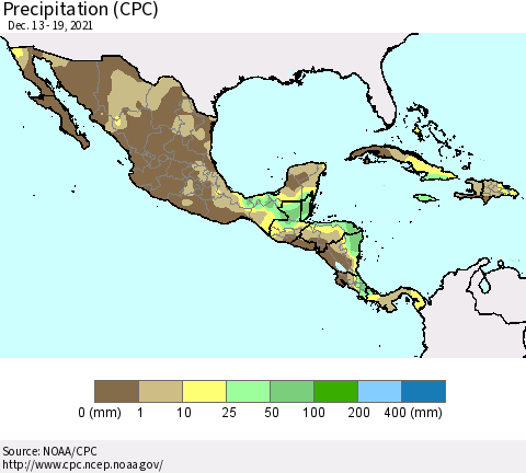 Mexico Central America and the Caribbean Precipitation (CPC) Thematic Map For 12/13/2021 - 12/19/2021